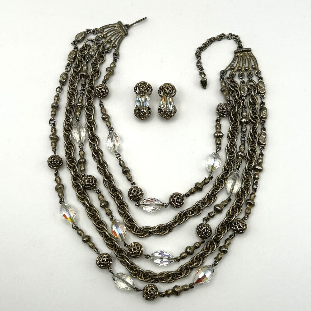 Vintage Multistrand Aurora Borealis Crystal & Filigree Necklace Earring Set